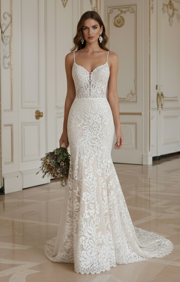 Vestido de Noiva Sereia Para Casamento Rústico Detalhe em Renda