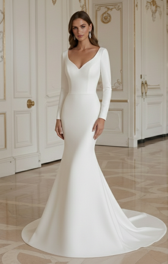 Vestido de Noiva Sereia Para Casamento de Inverno Cetim de Manga Longa