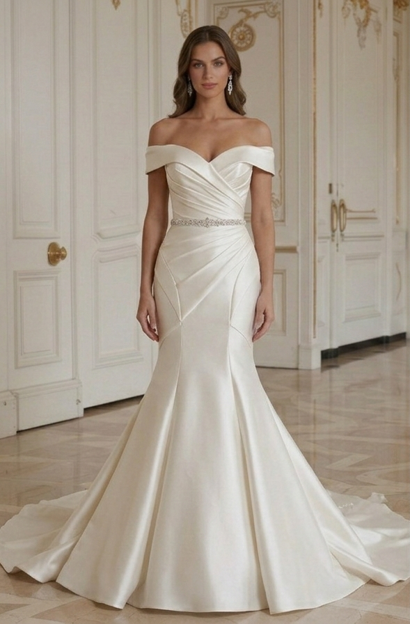 Vestido de Noiva Sereia Ombros Descobertos Estilo Glamouroso