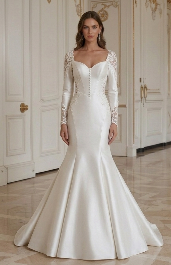 Rochie de mireasă sirenă cu nasturi clasici de mireasă