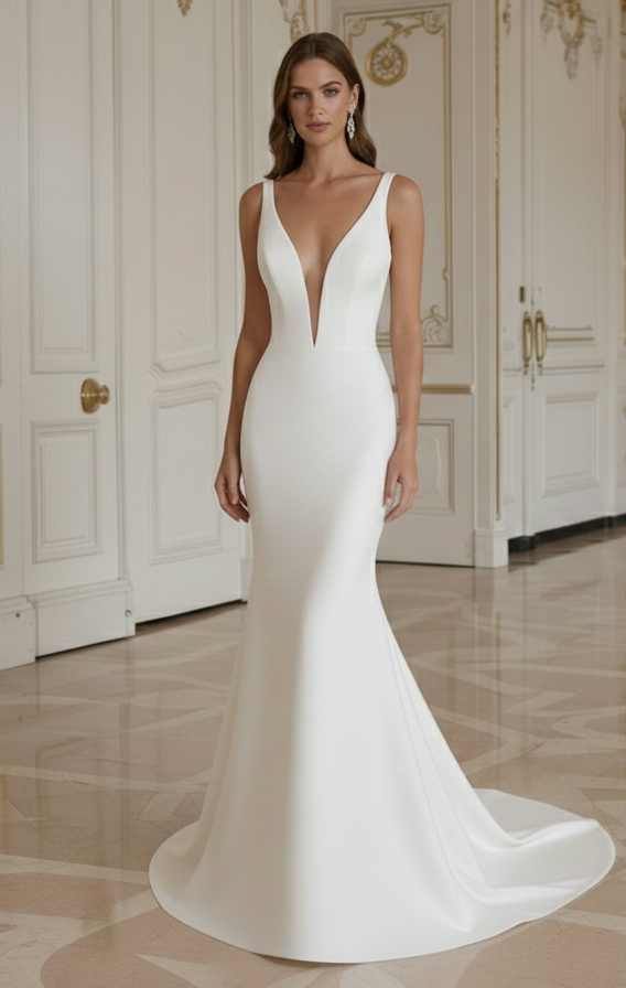 Meerjungfrau-Brautkleid mit Tiefem V-Ausschnitt Modern