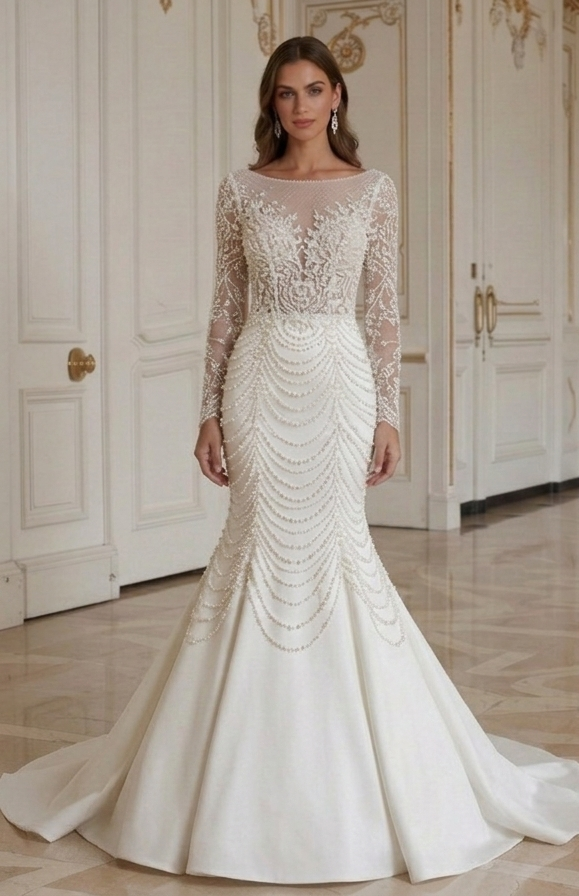 Mermaid Wedding Dress With Elegant Pearl Detail