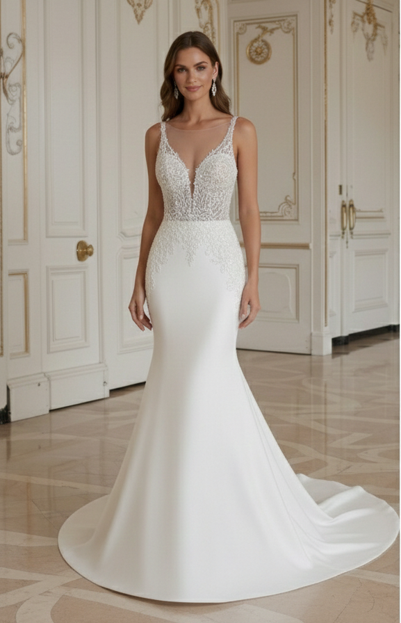 Rochie de mireasă sirenă cu tren elegant din satin