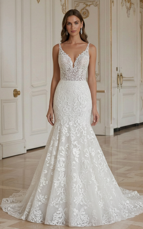 Meerjungfrau-Brautkleid mit Besticktem Blumenmuster