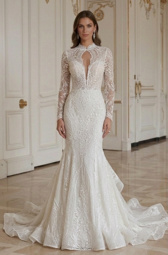 Rochie de mireasă sirenă cu siluetă curbată feminină