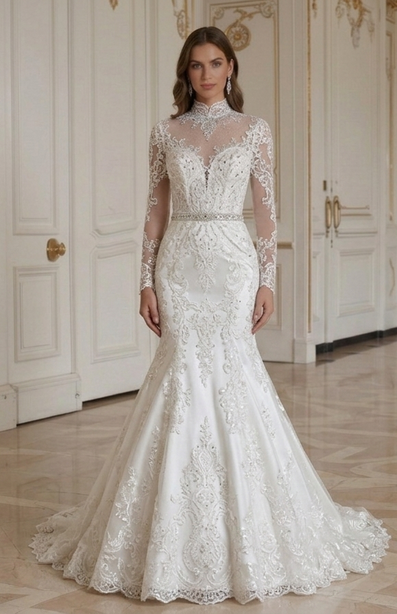 Meerjungfrauen-Brautkleid Mit hohem Kragen Prinzessinnen-Stil