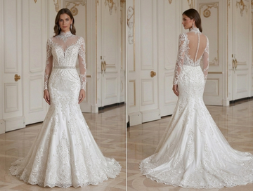 Vestido de Noiva Sereia com Gola Alta Estilo Princesa