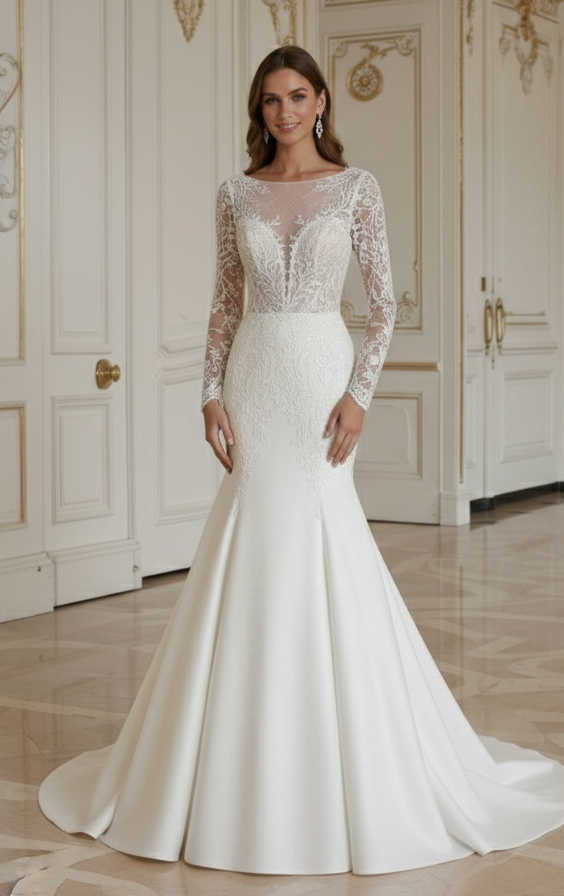 Meerjungfrau-Brautkleid mit Illusionsrücken Spitzen-Detail