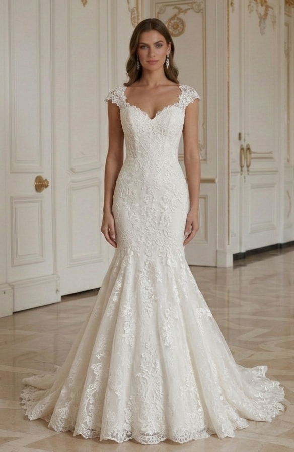 Meerjungfrauen-Brautkleid Mit Spitzen-Kappärmeln Brautkleid