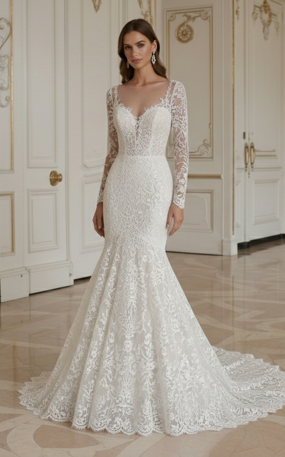Rochie de mireasă sirenă cu suprapunere de dantelă atemporală