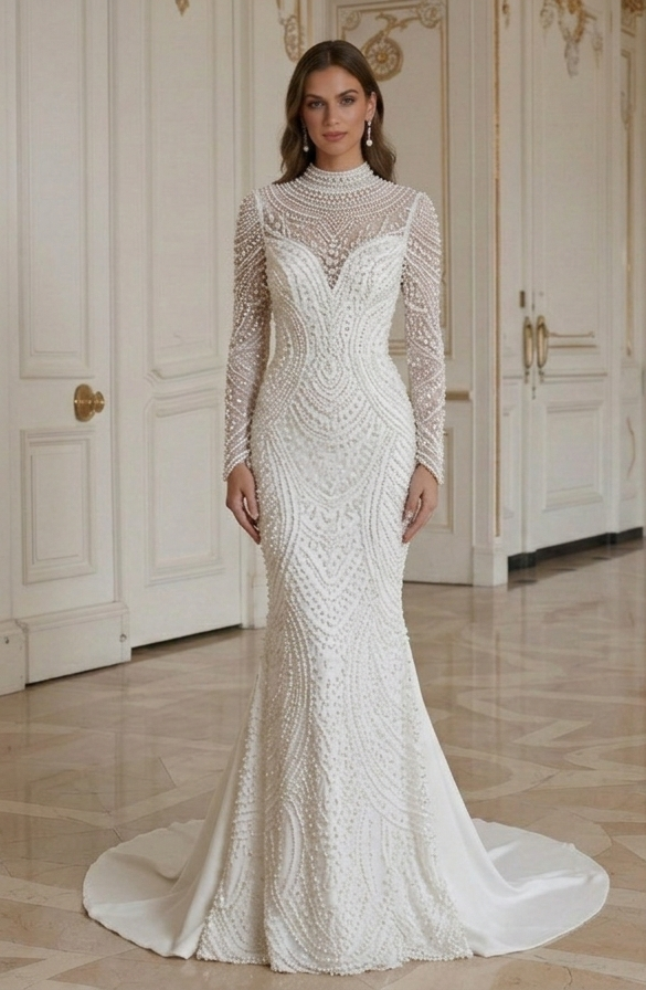 Meerjungfrau-Brautkleid mit Perlenverzierung Luxuriös