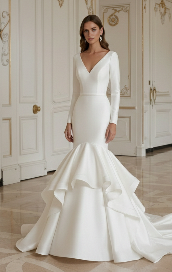 Rochie de mireasă sirenă cu tiv cu volane dramatică