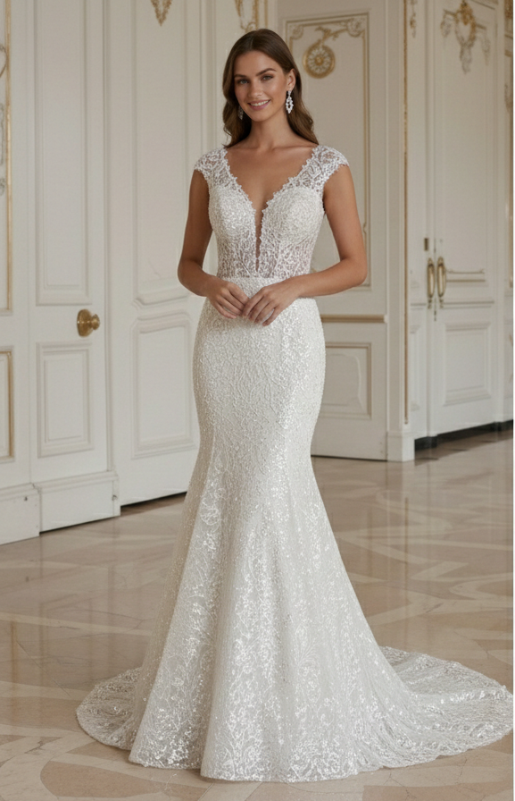 Meerjungfrau-Brautkleid mit Pailletten-Spitze Glamouröser Look