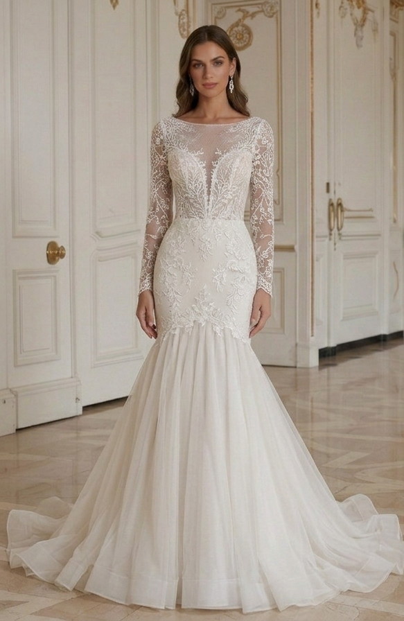 Rochie de mireasă sirenă cu tiv evazat moale