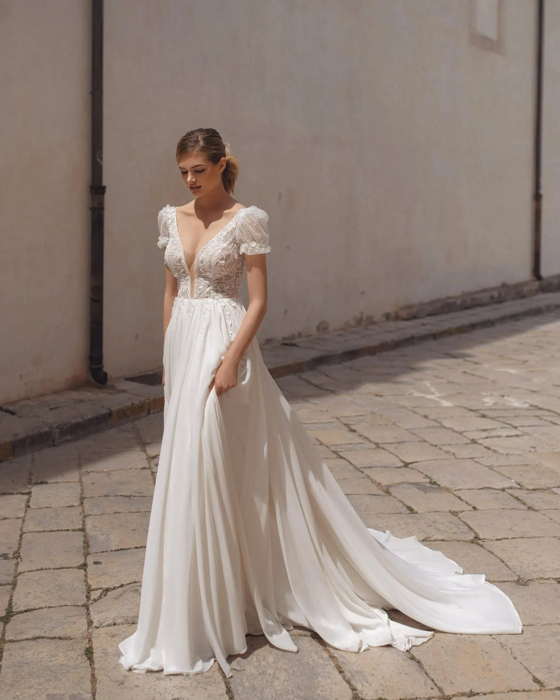 Timeless A-Line Wedding Gown, Cap Sleeves, and a Flattering V-Neckline for an Elegant and Romantic Bridal Look