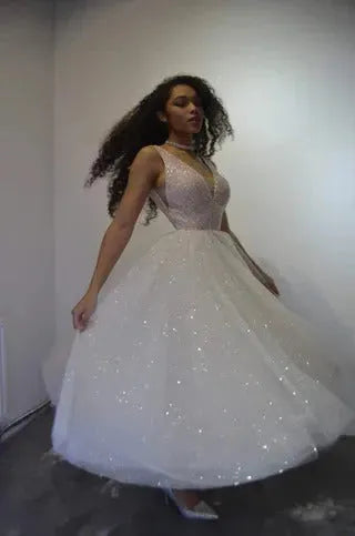 Glitter Midi Wedding Dress Satin Mermaid Princess Bridal Gown Bow Vestido De Novia Simple Court Train Dress Satin