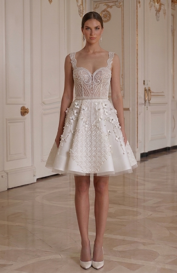 Rochie de mireasă mini cu detaliu elegant la spate pentru petrecere