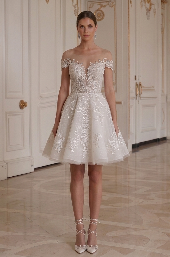 Mini brudklänning mjuk elegant festlig brudlook