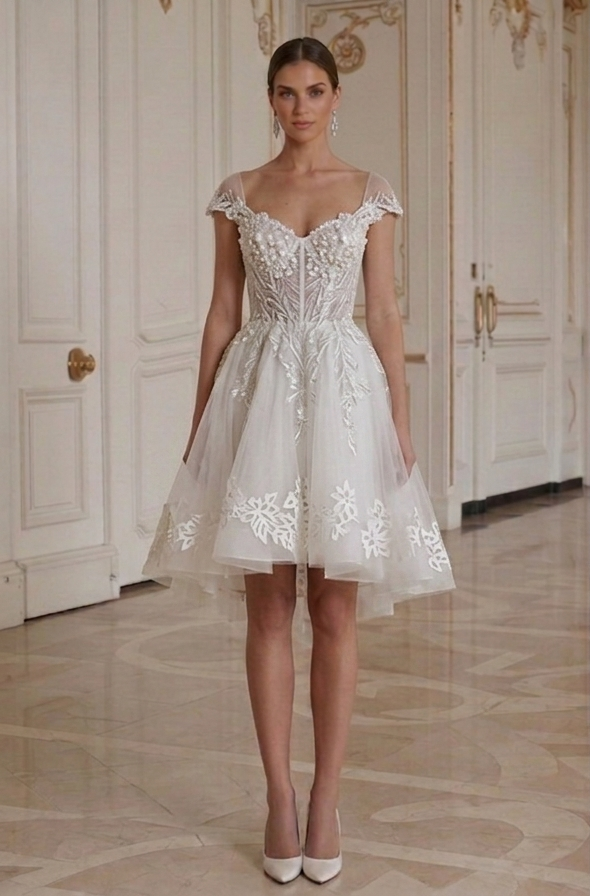 Rochie de mireasă mini cu fustă scurtă vaporoasă