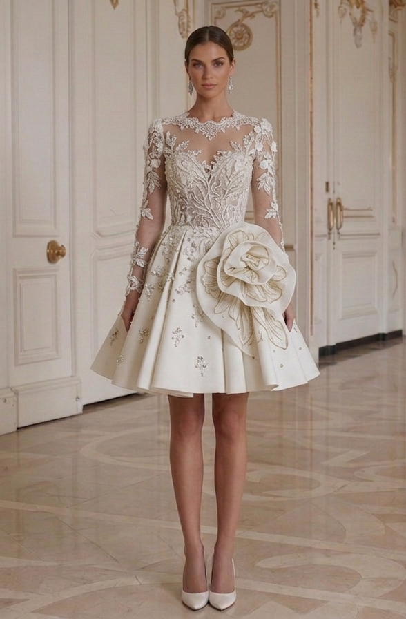 Rochie de mireasă mini cu mâneci din dantelă pentru petrecerea de nuntă