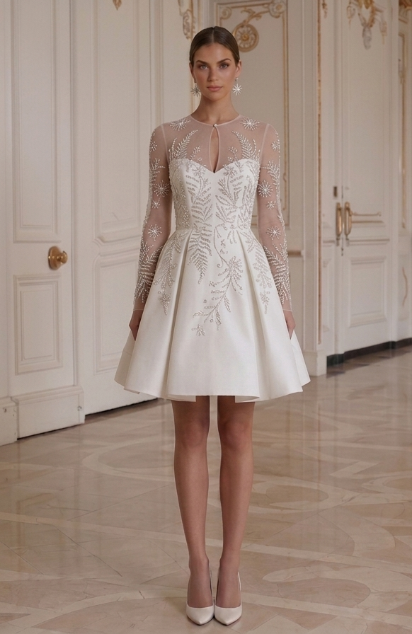 Rochie de mireasă mini cu mânecă lungă, elegantă pentru petrecere