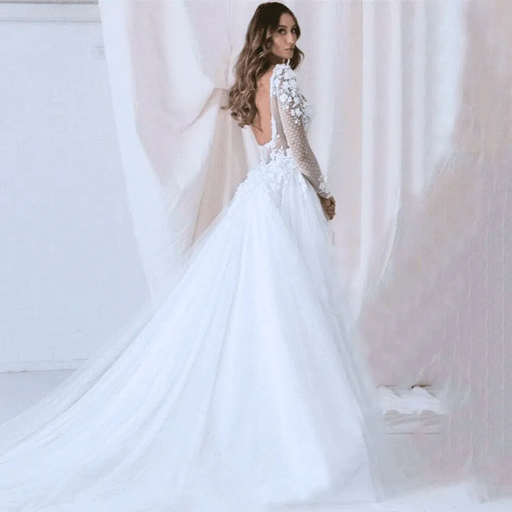 Sexy Mermaid Wedding Dresses Lace Flower Ball Gowns Long Sleeve Backless Buttons Sweetheart Court Train Formal Beach Party Gala Mermaid