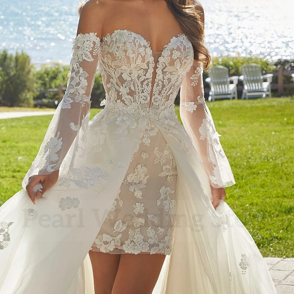 Popular Sweetheart Full Lace Short Shearth Wedding Dresses With Detachablt Train 2 In 1 Bridal Grown  Rode De Morrie