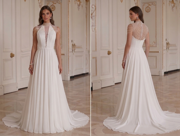 Vestido de novia moderno de gasa con líneas limpias y elegantes