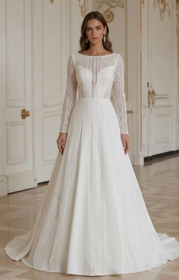 Rochie de mireasă modernă din dantelă, linii curate și elegante