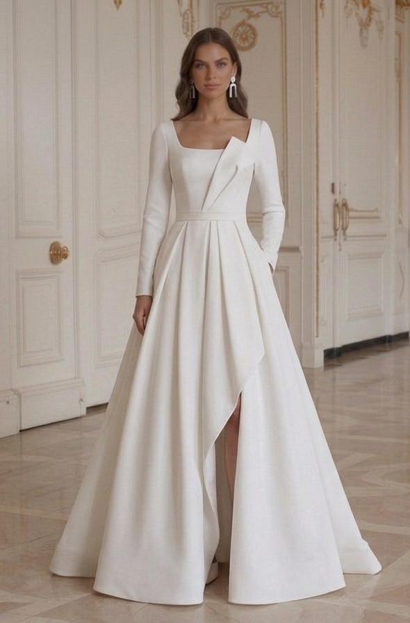 Moderne trouwjurk met lange mouwen, strakke elegante lijnen