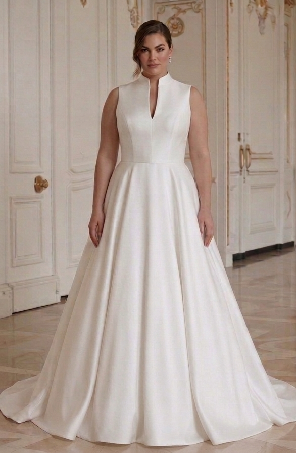 Moderne Minimalistische Bruidsjurk Voor Ronde Bruiden Strak Elegante Satijn