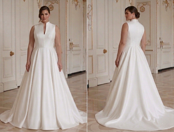 Moderni minimalistinen hääpuku kurvikkaalle morsiamelle, puhdas ja elegantti satiini