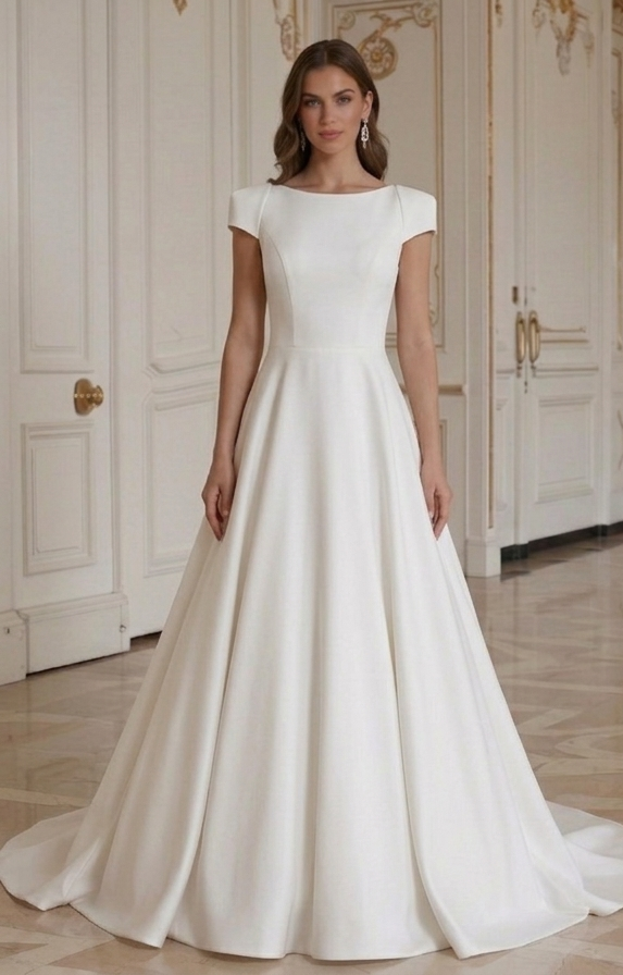 Moderne minimalistische trouwjurk met korte mouwen