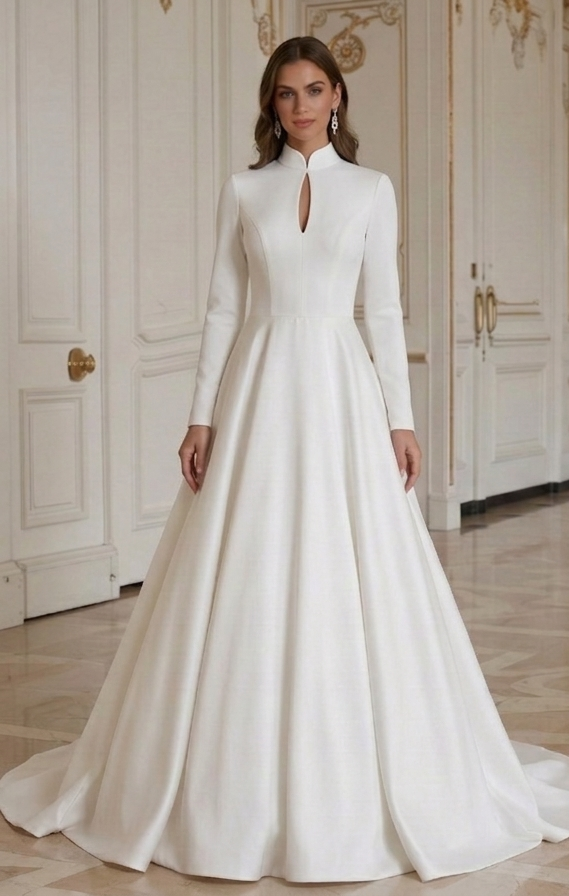 Moderne Minimalistische Bruidsjurk Hoge Hals Elegant