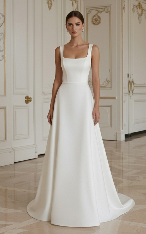 Moderne minimalistische trouwjurk met ingebouwde ondersteuning