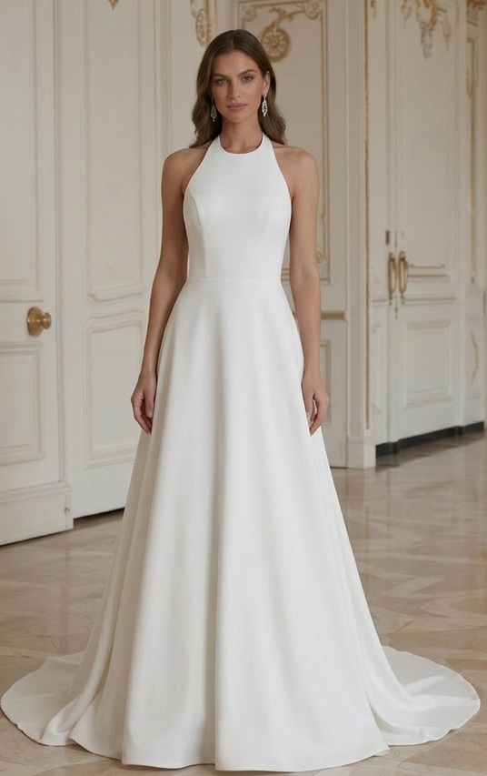 Moderne minimalistische trouwjurk met halternek