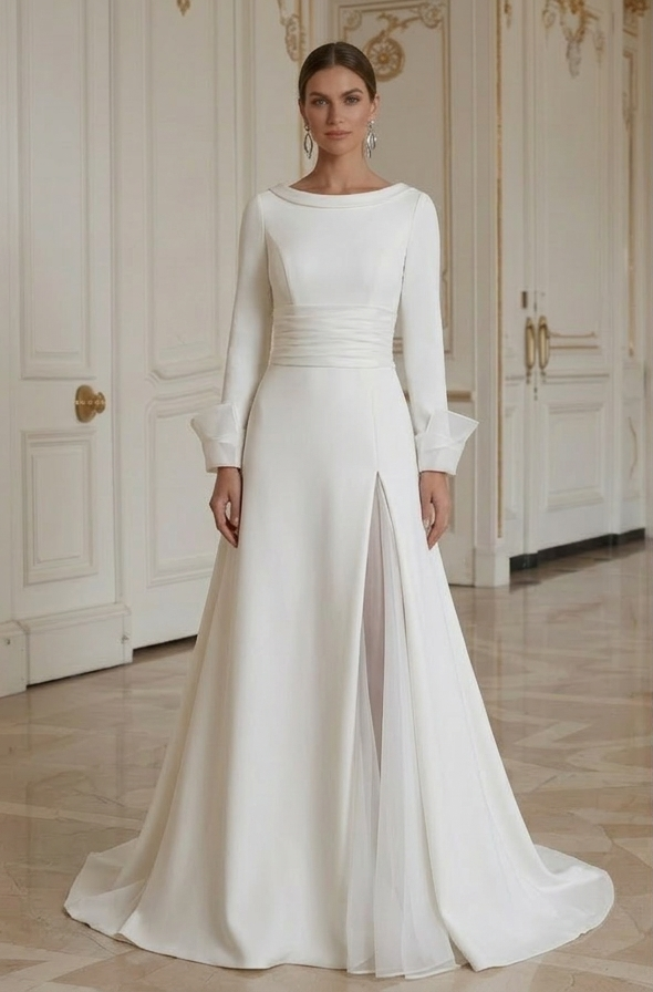 Moderne minimalistische trouwjurk met organzadetail
