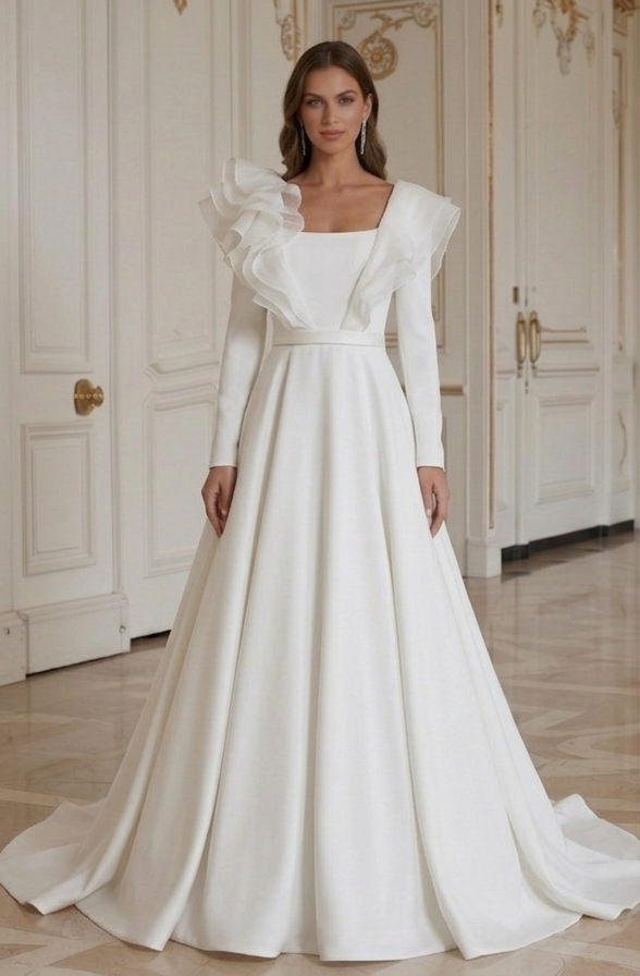 Moderne minimalistische trouwjurk met organzadetail