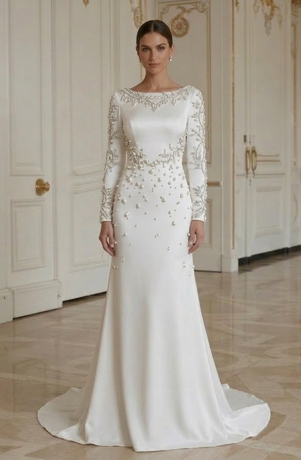 Moderne minimalistische trouwjurk met pareldetail