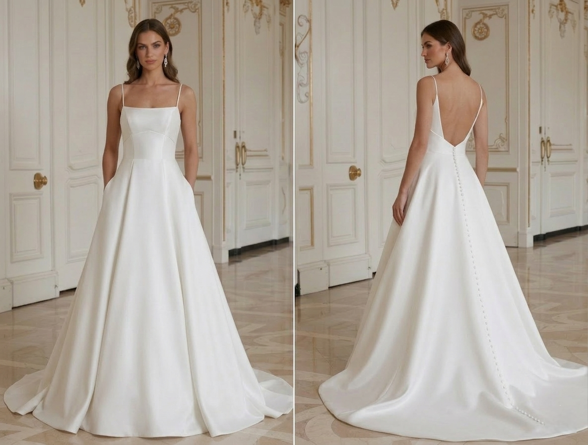White wedding dress shown from front and back in an elegant room.