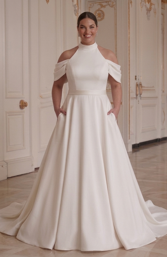 Moderne trouwjurk voor een vrouw met rondingen Strakke lijnen Elegante stijl