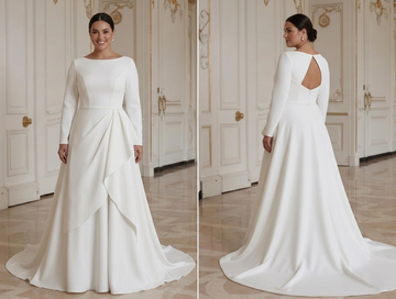 Rochie de mireasă modernă pentru mireasa cu forme, cu stil minimalist și șic