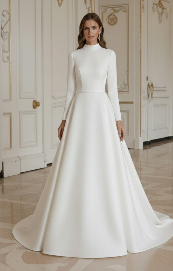 Modest A-Line Wedding Dress High Neck Long Sleeve