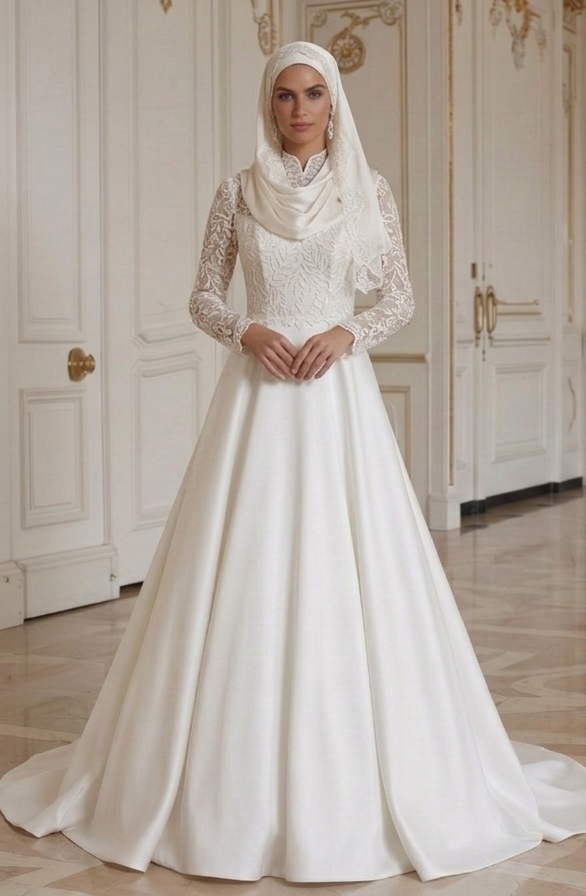 Modest muslimsk brudklänning med hög hals, elegant