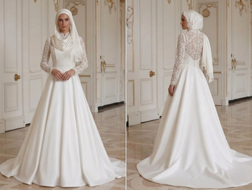 Modest muslimsk brudklänning med hög hals, elegant
