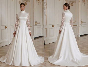 Modest Princess Wedding Dress High Neck Long Sleeve