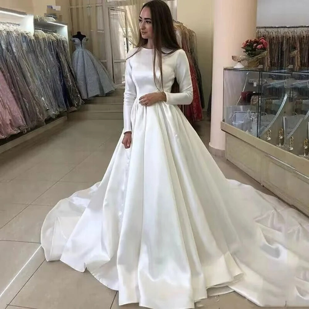 Abiti da sposa principessa in raso a maniche lunghe abiti da sposa musulmani abiti da sposa bianca vestido de nolia