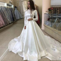 Princess Wedding Dresses Satin Long Sleeve Muslim Wedding Bride Dresses Long Train White Wedding Gown Vestido de novia