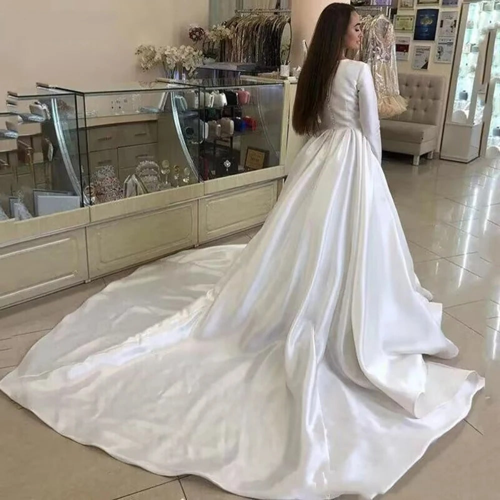 Princess Wedding Dresses Satin Long Sleeve Muslim Wedding Bride Dresses Long Train White Wedding Gown Vestido de novia