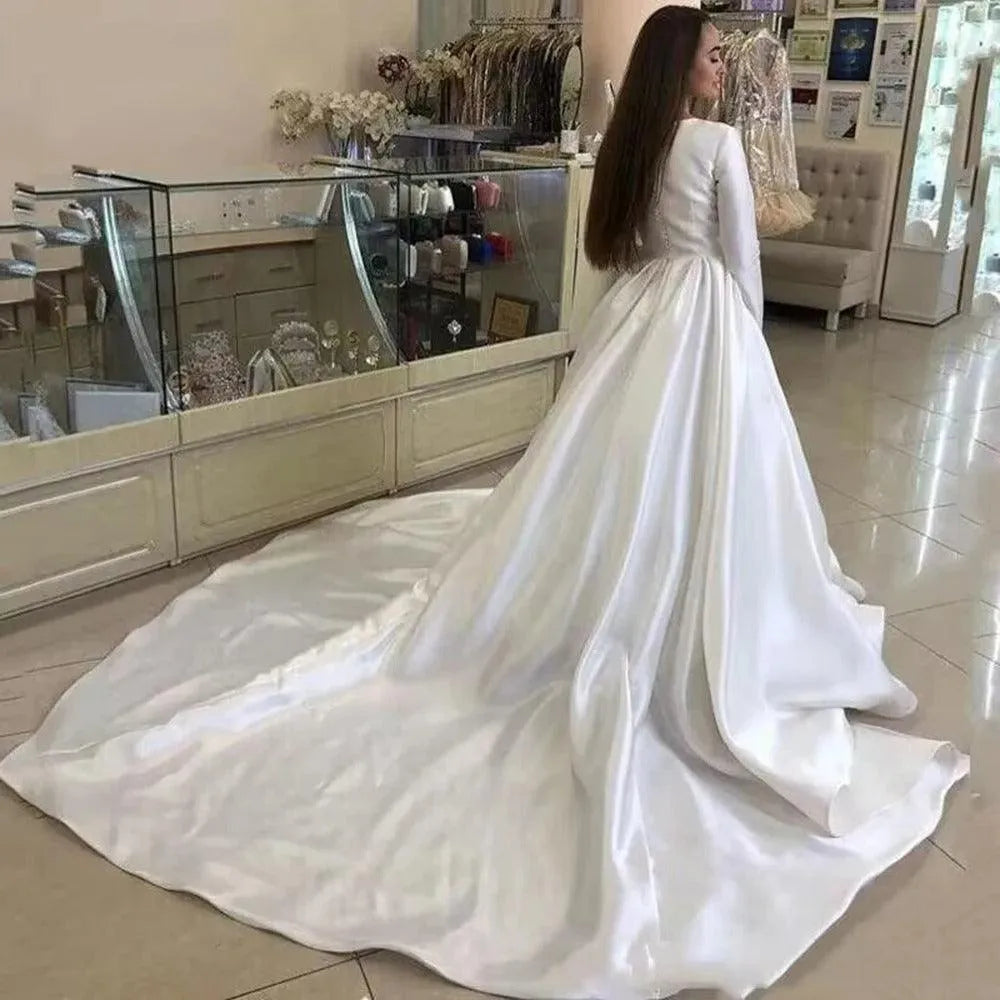 Princess Wedding Dresses Satin Long Sleeve Muslim Wedding Bride Dresses Long Train White Wedding Gown Vestido de novia Satin